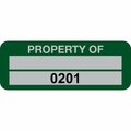 Lustre-Cal Property ID Label PROPERTY OF 5 Alum Green 2in x 0.75in 1 Blank Pad & Serialized 0201-0300, 100PK 253740Ma2G0201